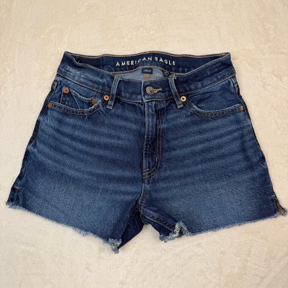 American Eagle Strigid High Rise Cutoff Denim Jean Shorts Frayed Hem Womens 00